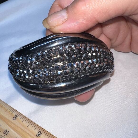 Vintage Gunmetal And Hematite Crystal MCM Hinged Cuff Bracelet - Picture 4 of 15